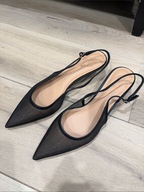 INC International Concepts Black Pointed Mesh Slingback Flats with Nude Insole